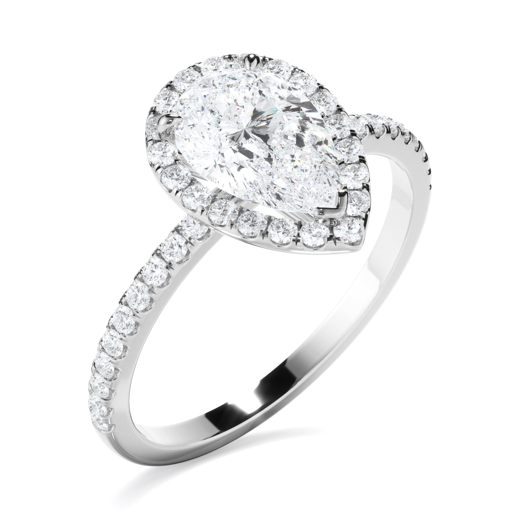 Pear Cut Diamond Halo Engagement Ring With Pave Band