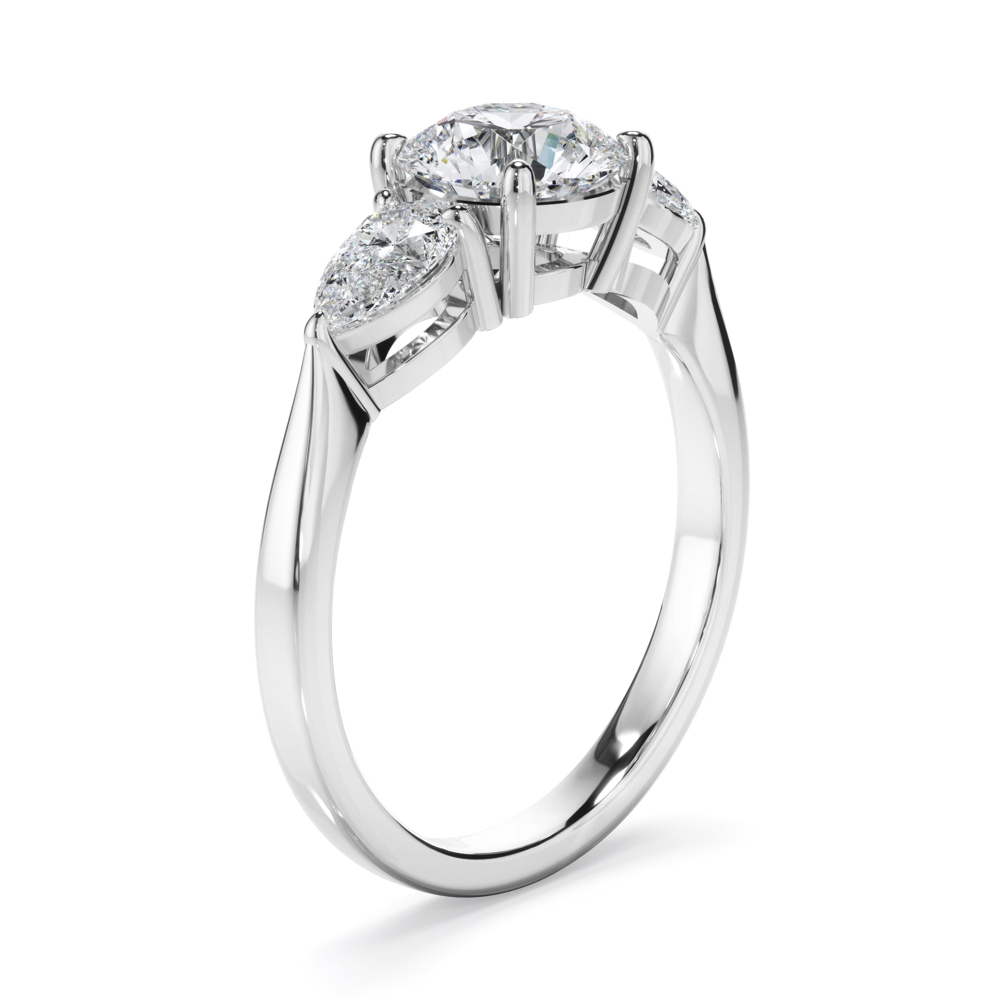 Round Brilliant Cut Diamond Engagement Ring With Pear Cut Diamond Sides