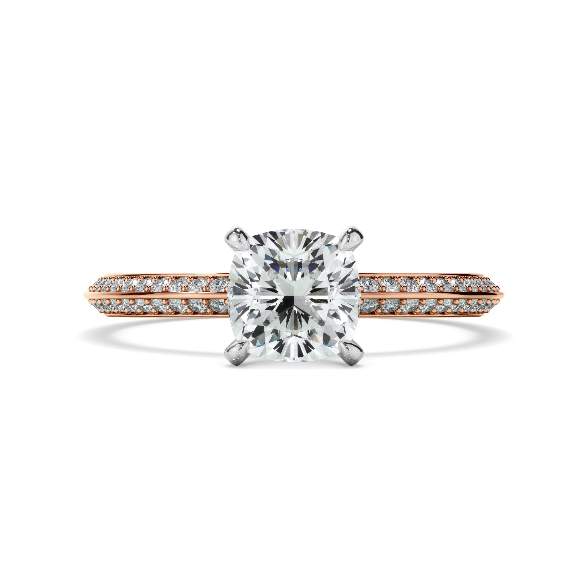 Cushion Cut Diamond Knife Edge Engagement Ring With Diamond Pave Sides