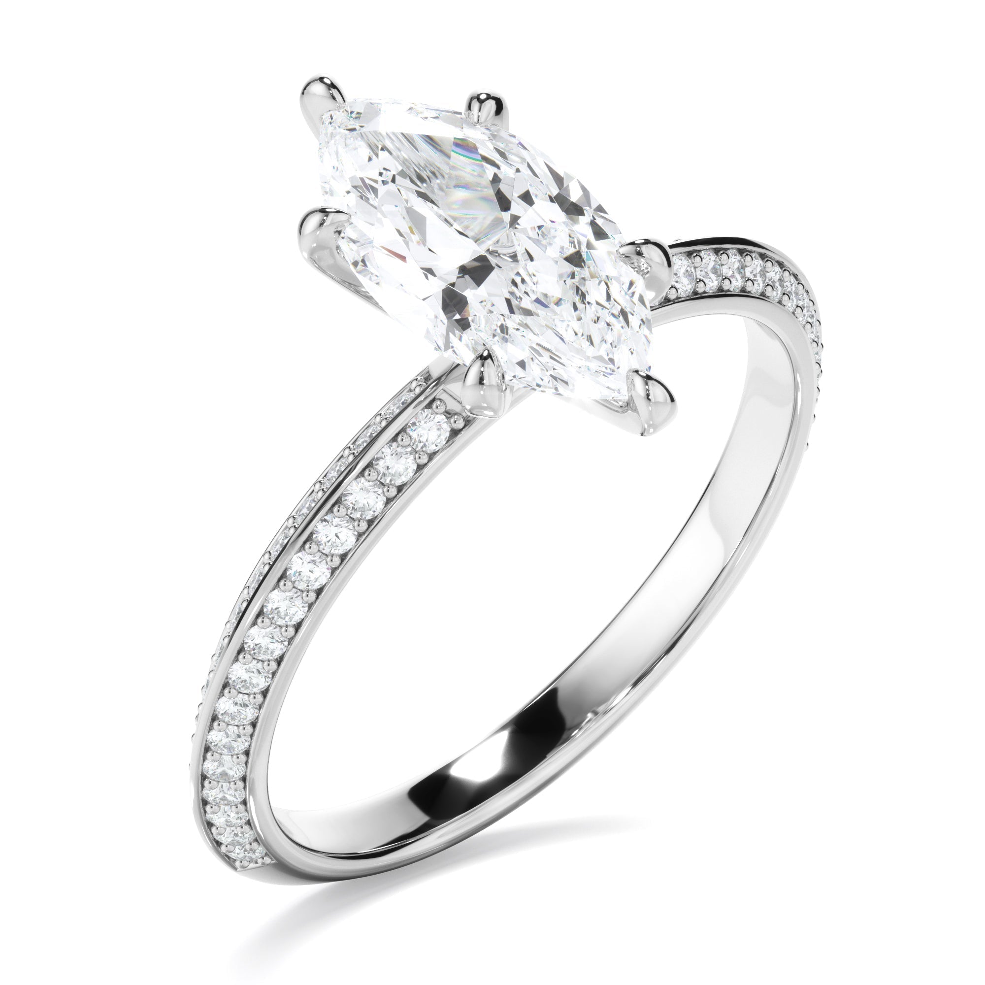 Marquise Cut Diamond Knife Edge Engagement Ring With Diamond Pave Sides