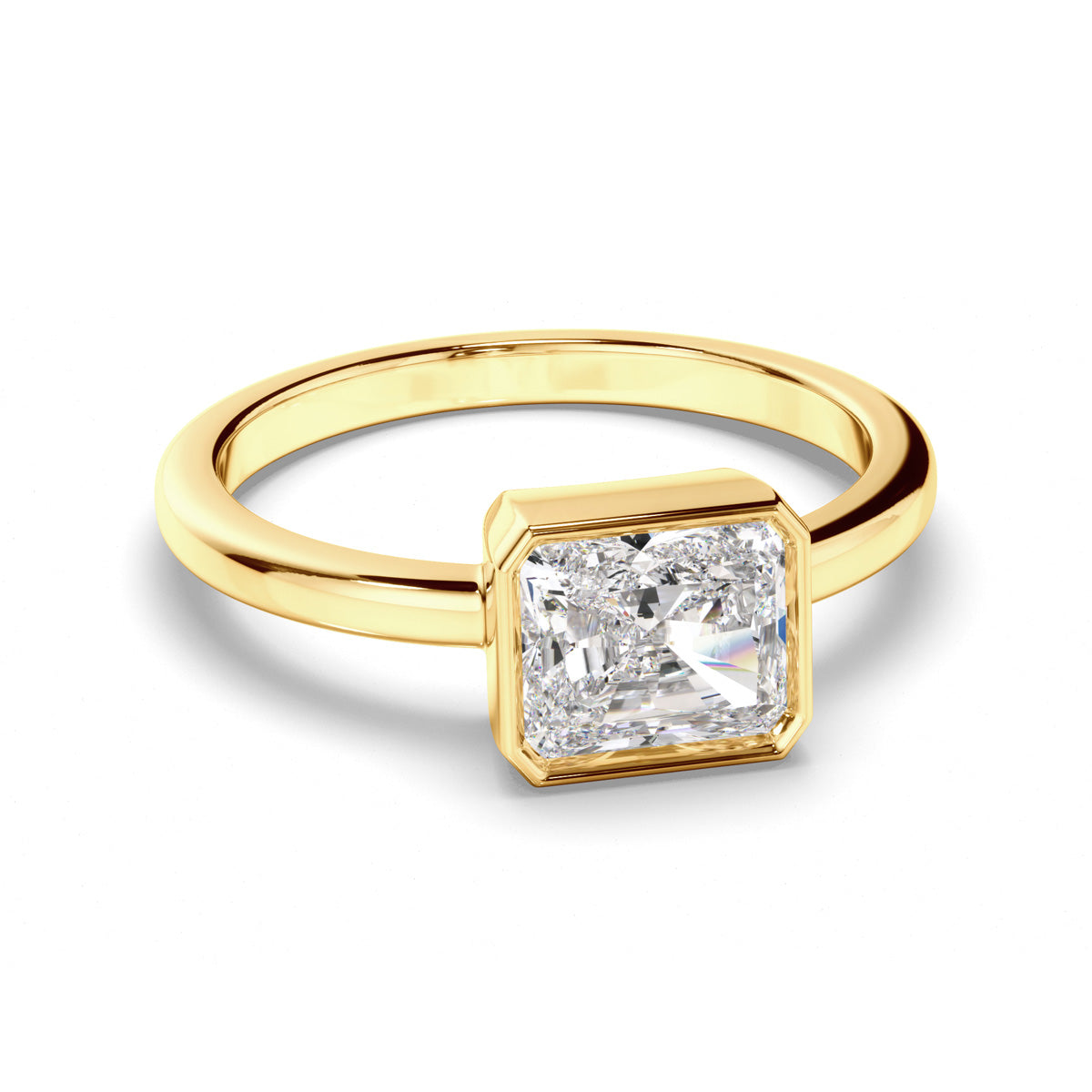 Radiant Cut Diamond Bezel East West Solitaire Engagement Ring