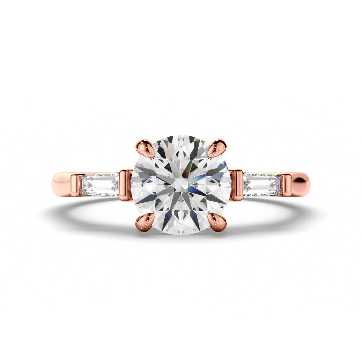 Round Brilliant Cut Diamond Trilogy Engagement Ring with Baguette Sides