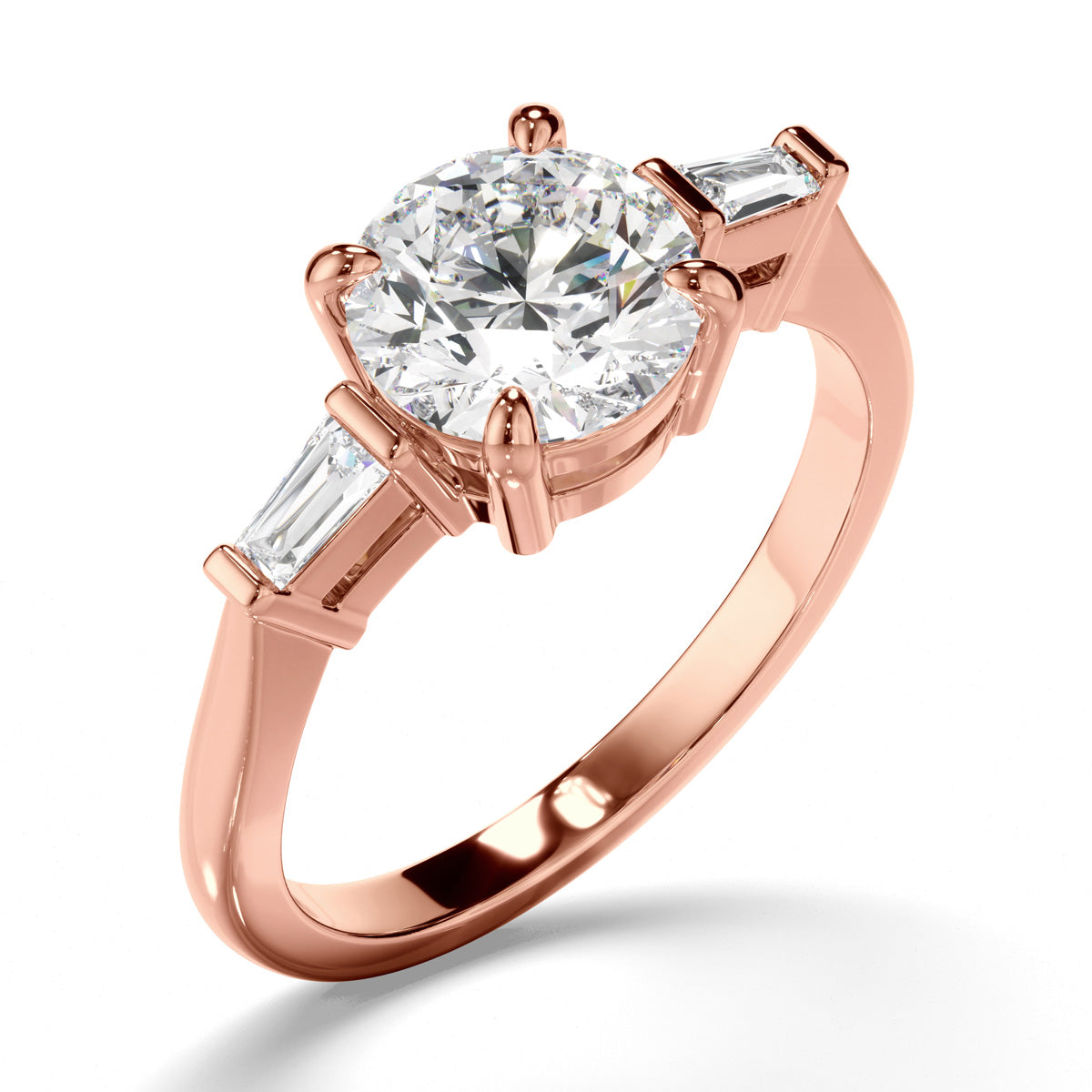 Round Brilliant Cut Diamond Trilogy Engagement Ring with Baguette Sides