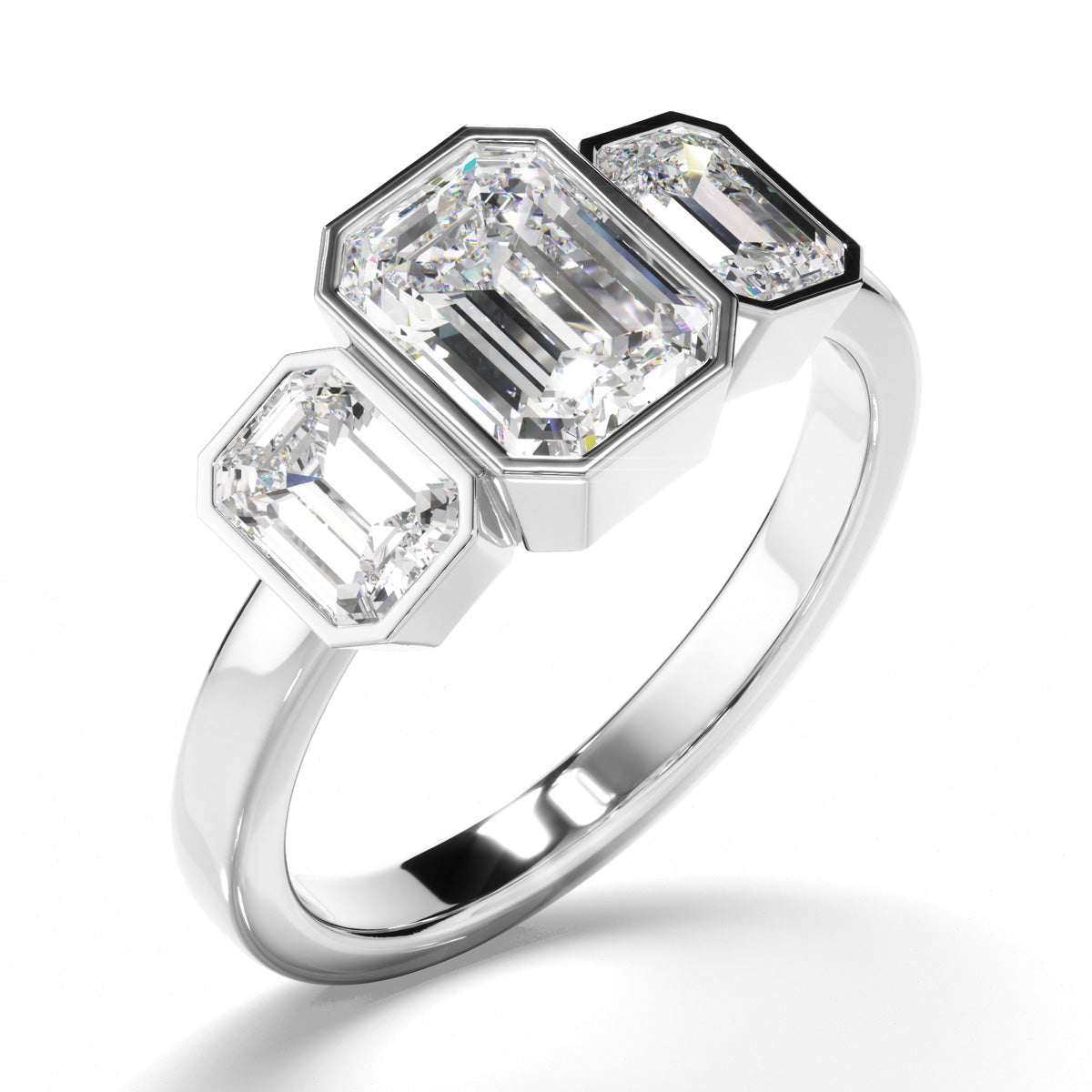 Emerald Cut Diamond Bezel Set Trilogy Engagement Ring